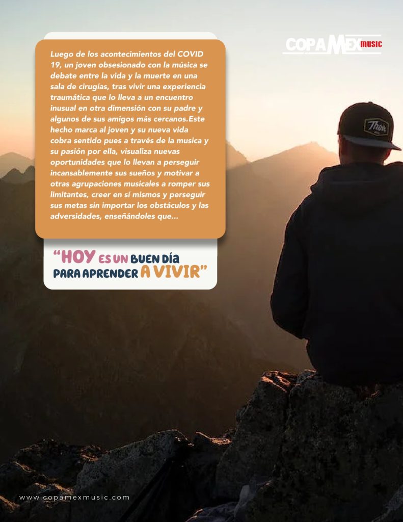 Carpeta de la serie, página 2: argumento, junto a la fotografía de un joven que mira las montañas al atardecer