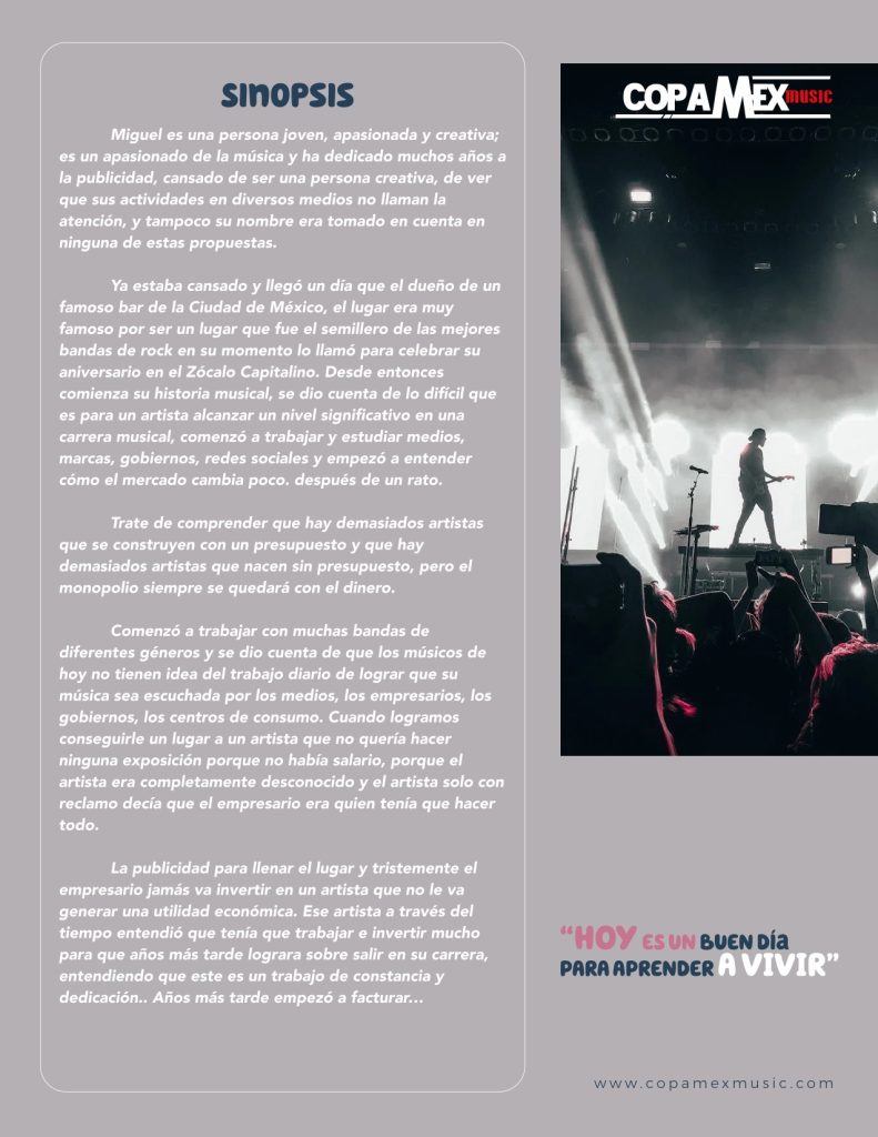 Carpeta de la serie, página 3: sinopsis, junto a la fotografía de un músico con su guitarra en un escenario